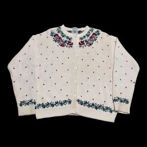 Vintage Cape Isle Knitters Heart Rose Hand‎ Knit Cardigan Sweater Women's L FLAW